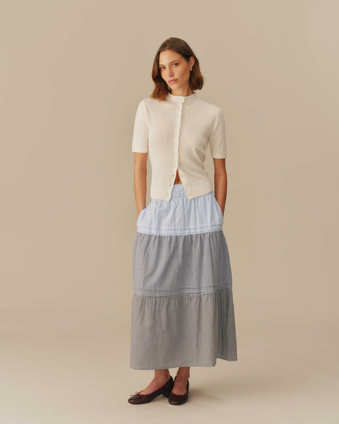Women's Gingham Cotton Tiered Skirt Blue