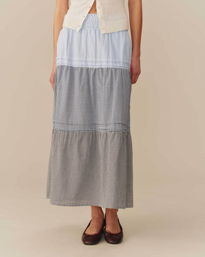 Women's Gingham Cotton Tiered Skirt Blue