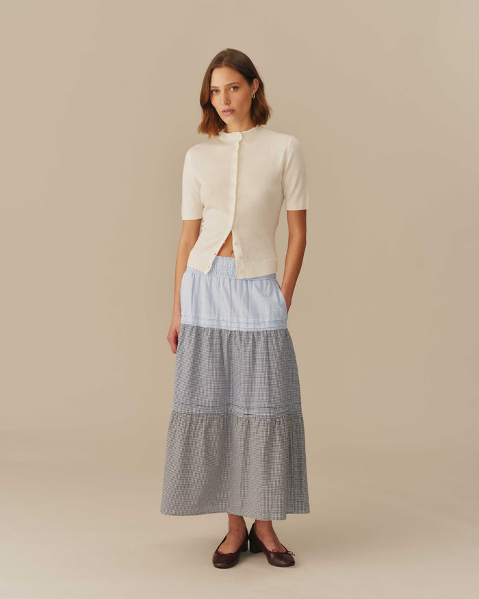 Women's Gingham Cotton Tiered Skirt Blue