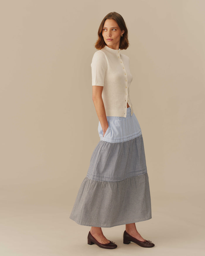 Women's Gingham Cotton Tiered Skirt Blue