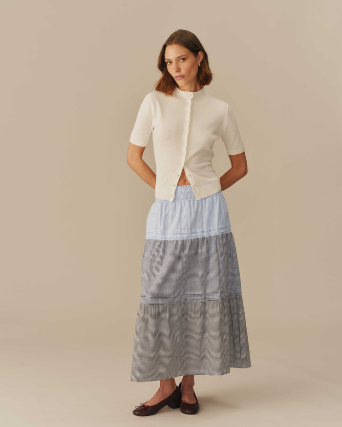 Women's Gingham Cotton Tiered Skirt Blue