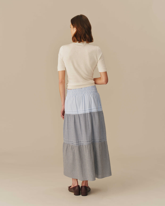 Women's Gingham Cotton Tiered Skirt Blue
