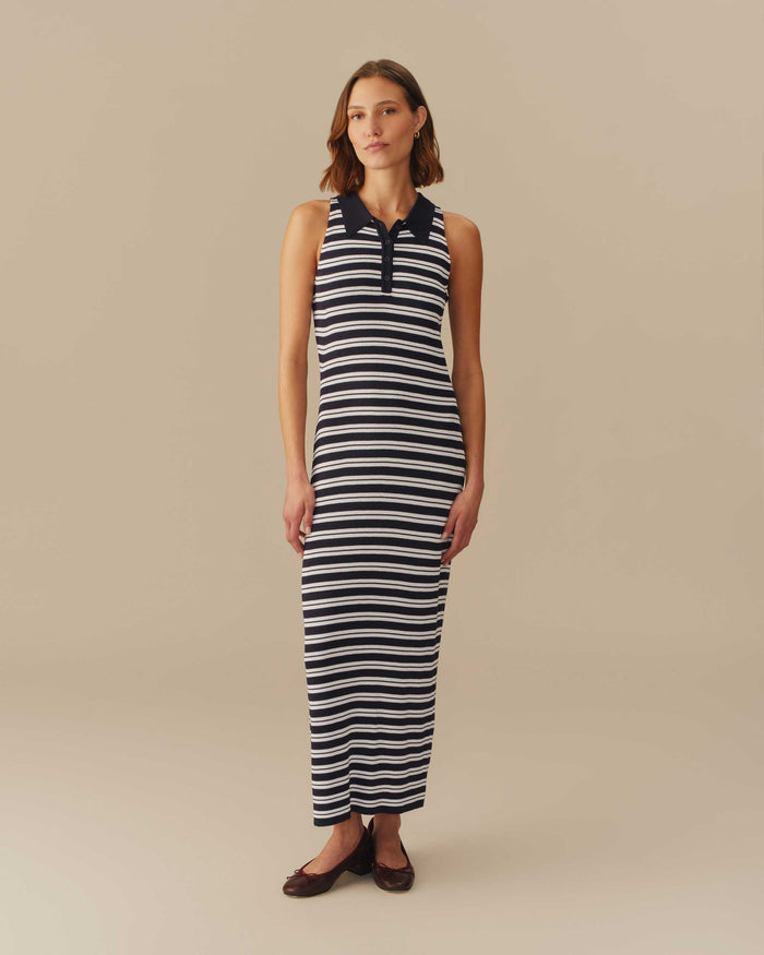 Women’s Halter Polo Striped Maxi Dress Navy