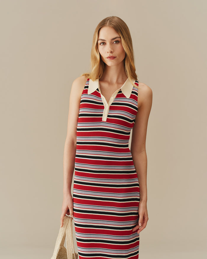 Women’s Halter Polo Striped Maxi Dress Red Red / XS