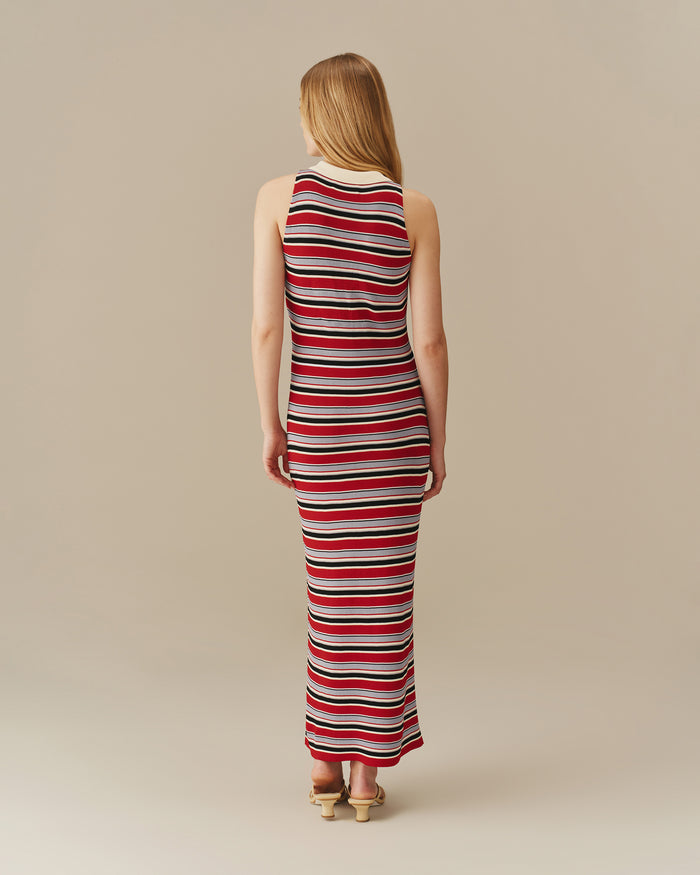 Women’s Halter Polo Striped Maxi Dress Red