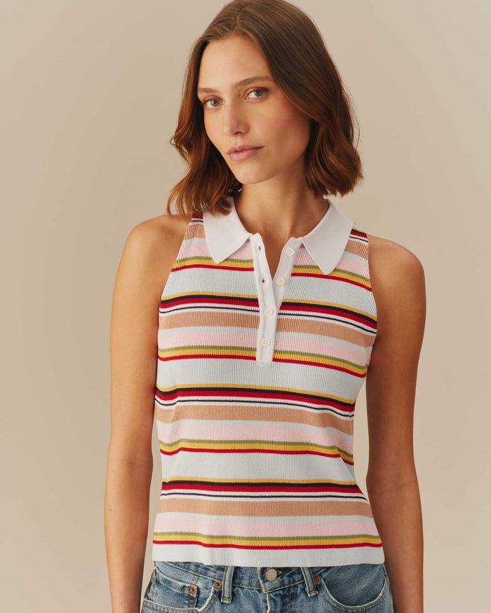 Women's Halter Polo Striped Tank Multi-Color