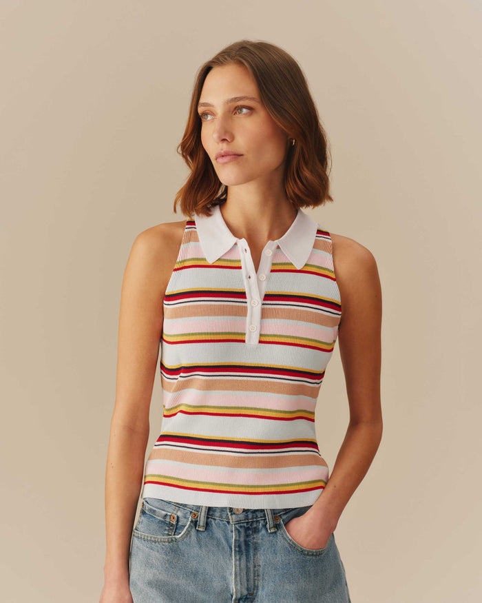 Women's Halter Polo Striped Tank Multi-Color