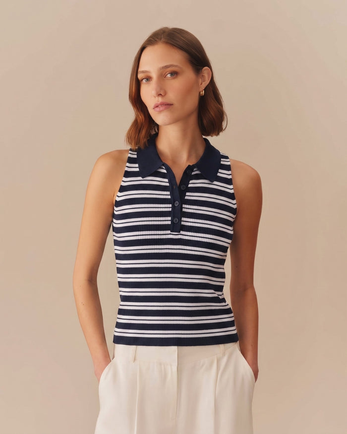 Women's Halter Polo Striped Tank Navy