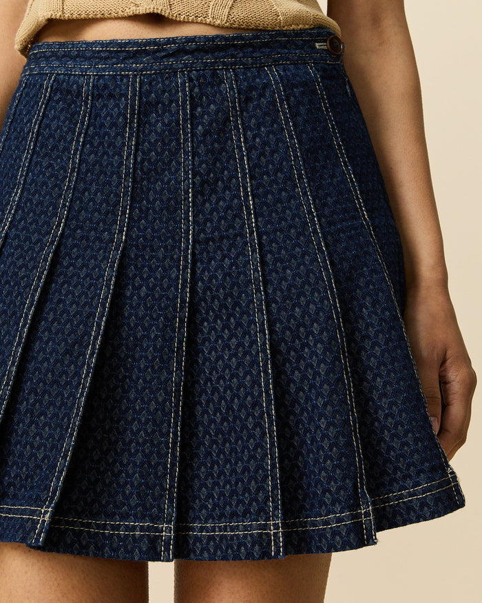 Women's Indigo Jacquard Denim Pleated Skirt Navy