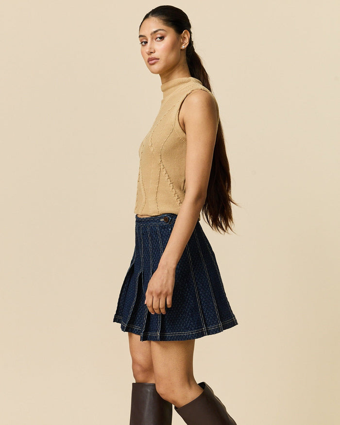 Women's Indigo Jacquard Denim Pleated Skirt Navy