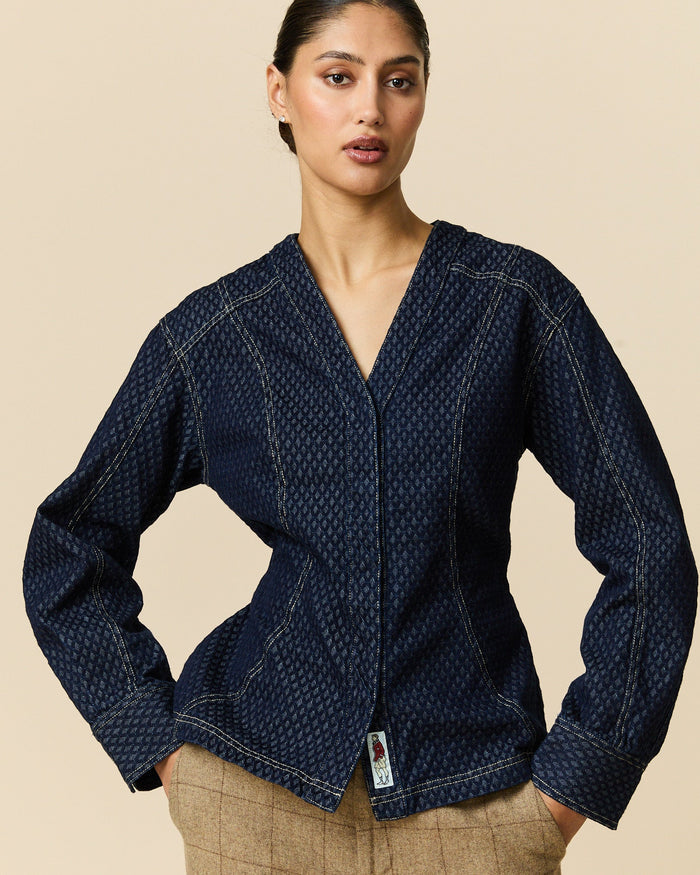 Women's Indigo Jacquard Denim Riding Jacket Navy