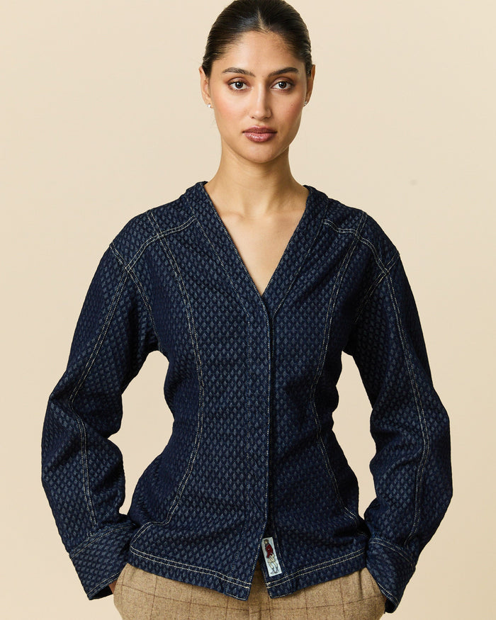 Women's Indigo Jacquard Denim Riding Jacket Navy