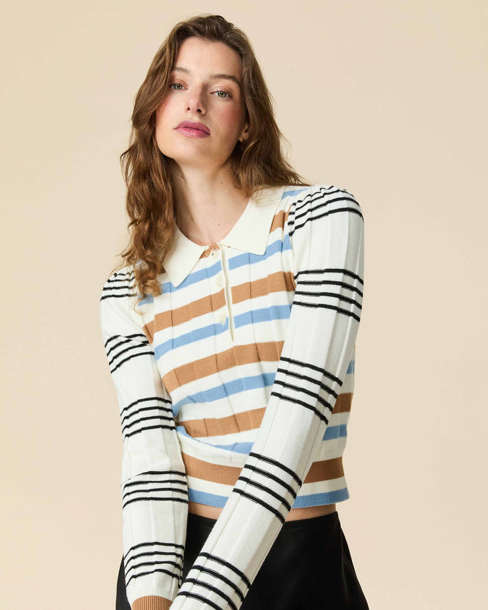 Women's Knit Jacquard Stripe Long Sleeve Polo Beige Blue Stripe