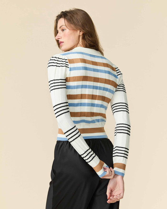 Women's Knit Jacquard Stripe Long Sleeve Polo Beige Blue Stripe