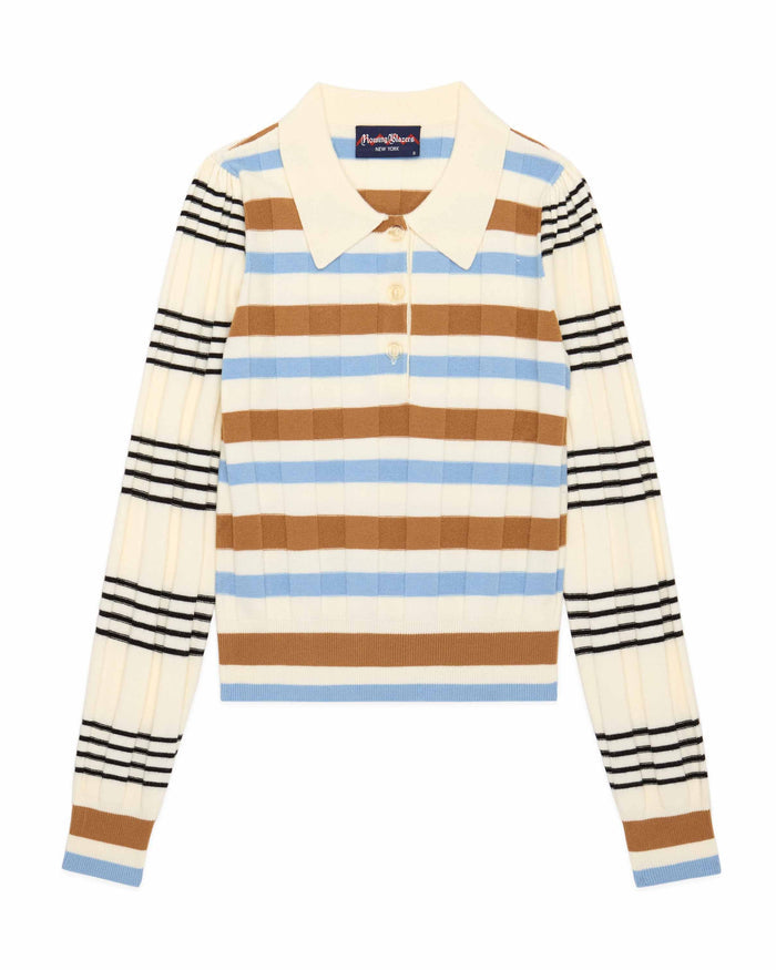 Women's Knit Jacquard Stripe Long Sleeve Polo Beige Blue Stripe