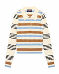 Women's Knit Jacquard Stripe Long Sleeve Polo Beige Blue Stripe