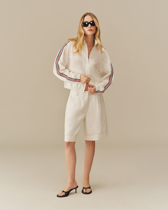 Women's Linen Tencel Bomber Jacket With Ribbon White White / XS