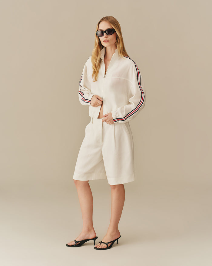 Women's Linen Tencel Bomber Jacket With Ribbon White White / XS