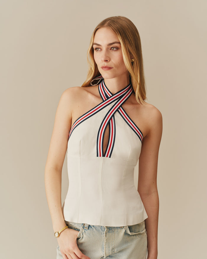Women's Linen Tencel Crossed Halter Top With Ribbon White White / XS