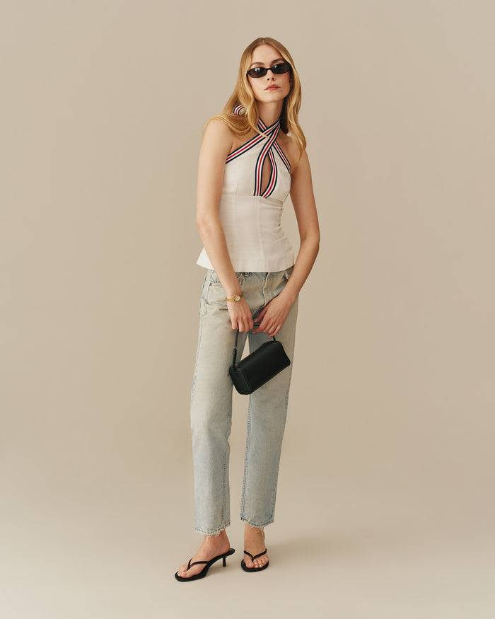 Women's Linen Tencel Crossed Halter Top With Ribbon White White / XS