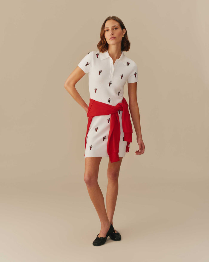 Women's Lobster Embroidered Polo Dress White