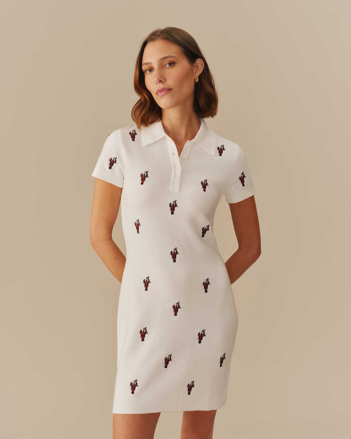 Women's Lobster Embroidered Polo Dress White