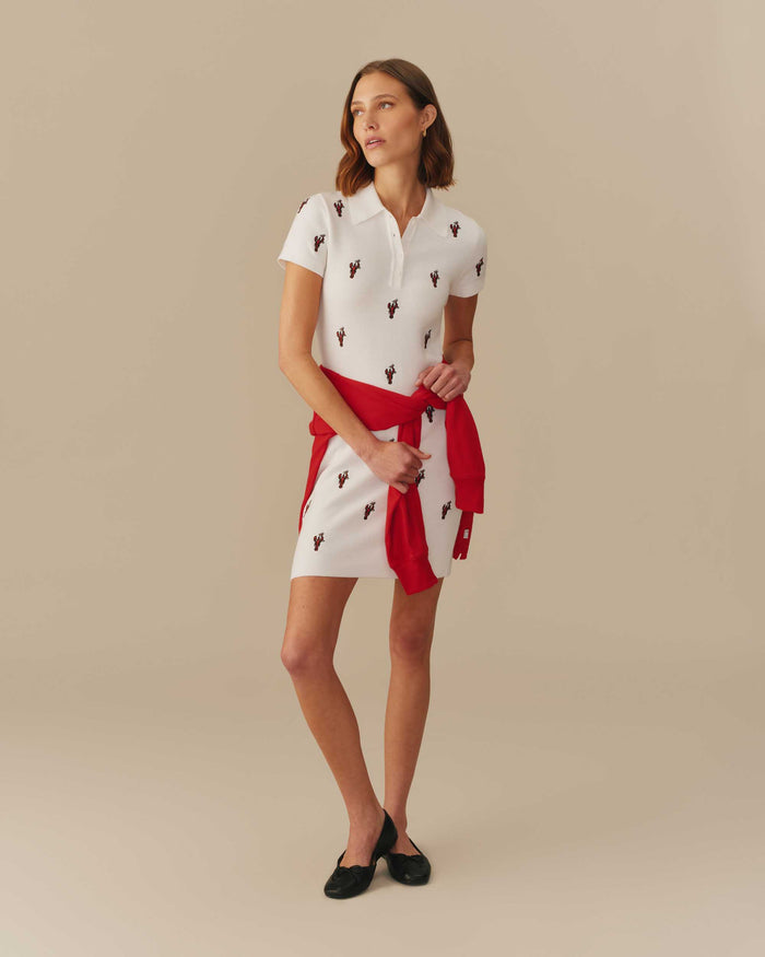 Women's Lobster Embroidered Polo Dress White