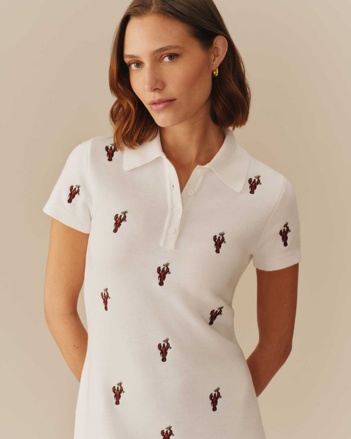 Women's Lobster Embroidered Polo Dress White