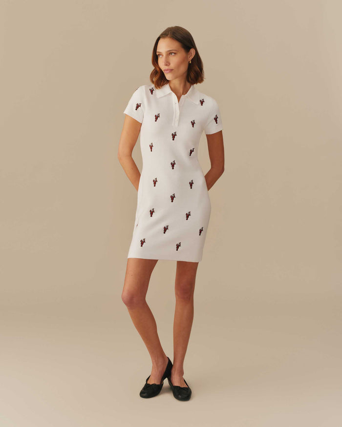 Women's Lobster Embroidered Polo Dress White