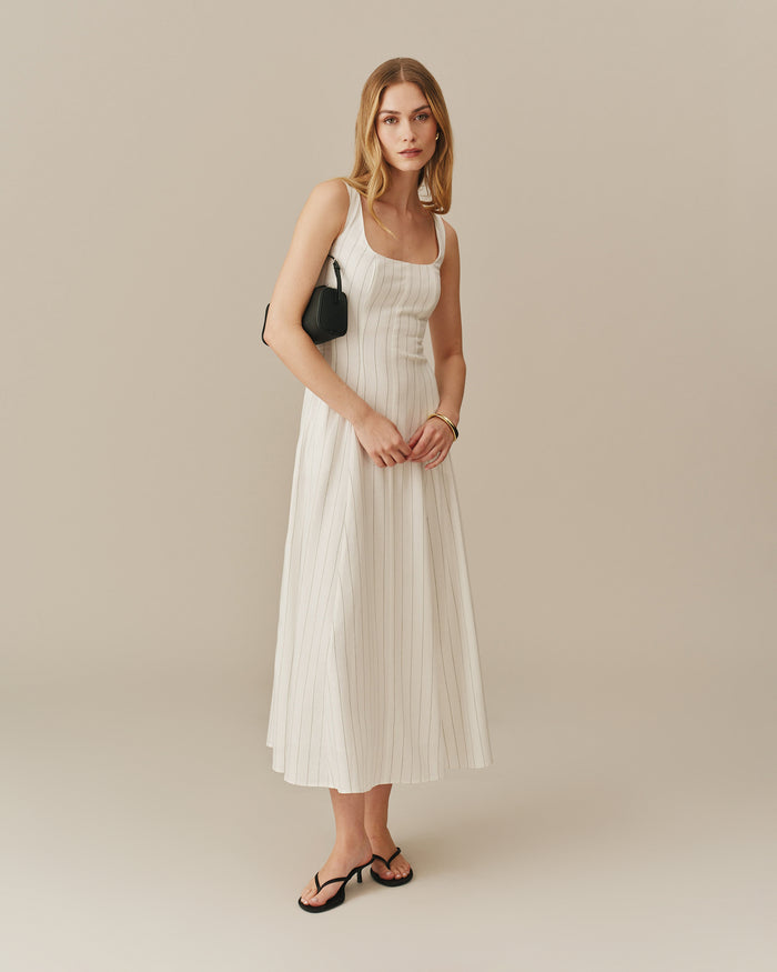 Women's Long Linen Striped Dress Cream Stripe