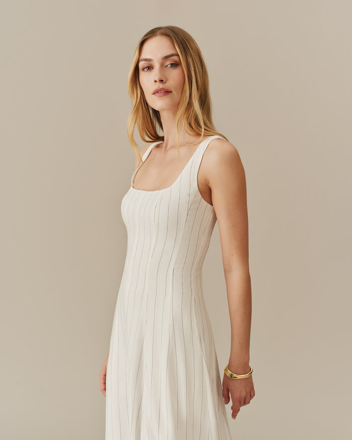 Women's Long Linen Striped Dress Cream Stripe