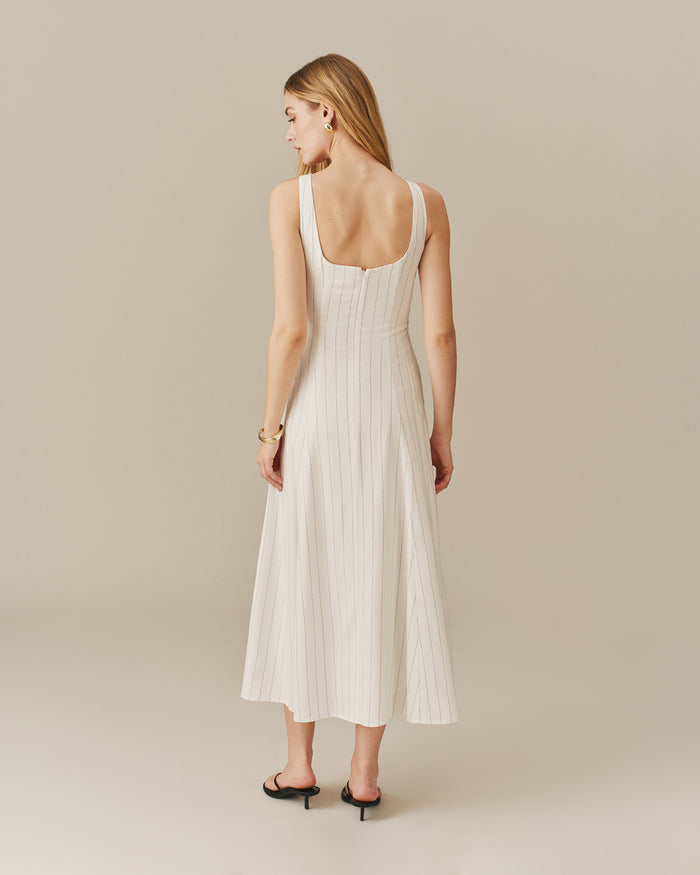 Women's Long Linen Striped Dress Cream Stripe
