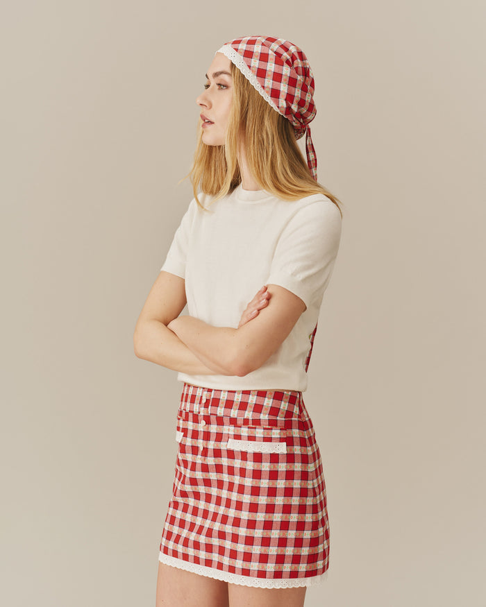 Women's Mini Skirt Red Floral Gingham