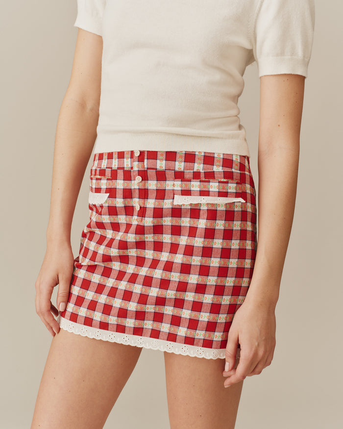 Women's Mini Skirt Red Floral Gingham