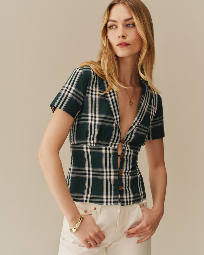 Women's Plaid Cotton Little Button Down Green Green / XS
