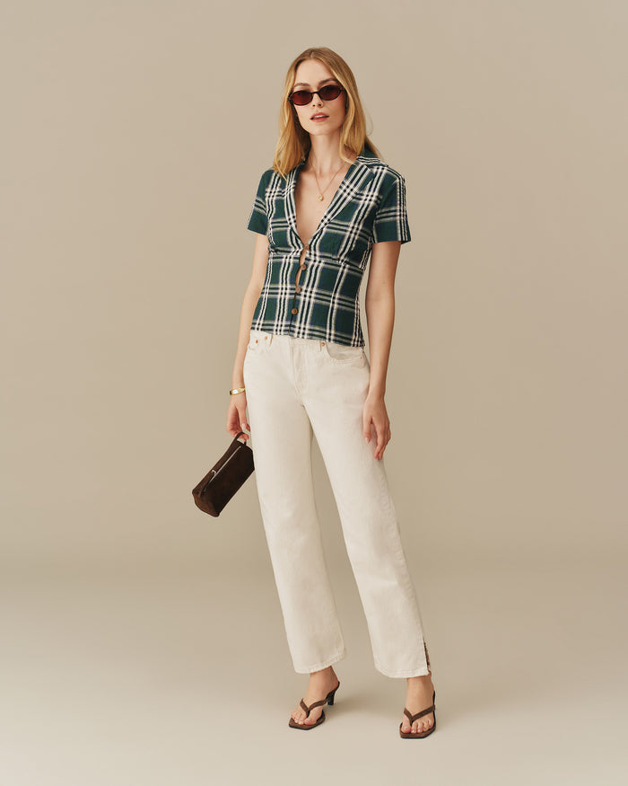 Women's Plaid Cotton Little Button Down Green Green / XS