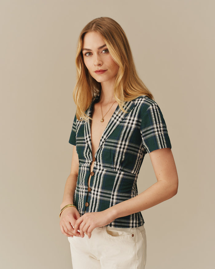 Women's Plaid Cotton Little Button Down Green Green / XS