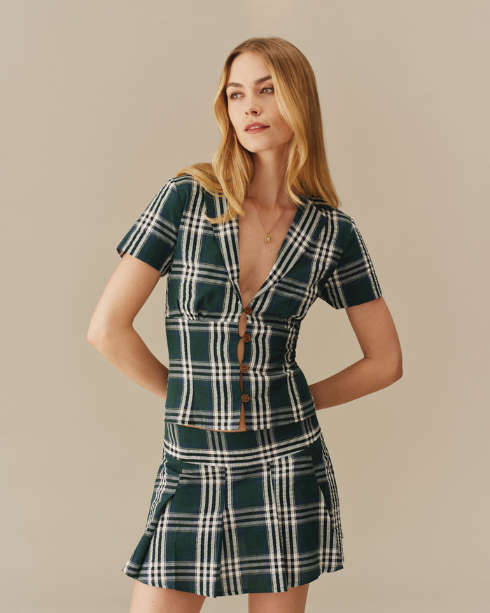 Women's Plaid Cotton Pleated Mini Skirt Green