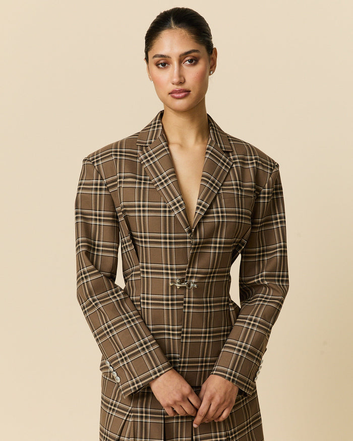 Women's Plaid Pleated Blazer Brown Plaid