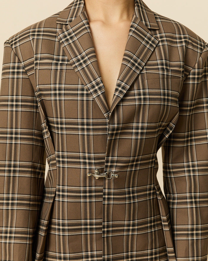 Women's Plaid Pleated Blazer Brown Plaid
