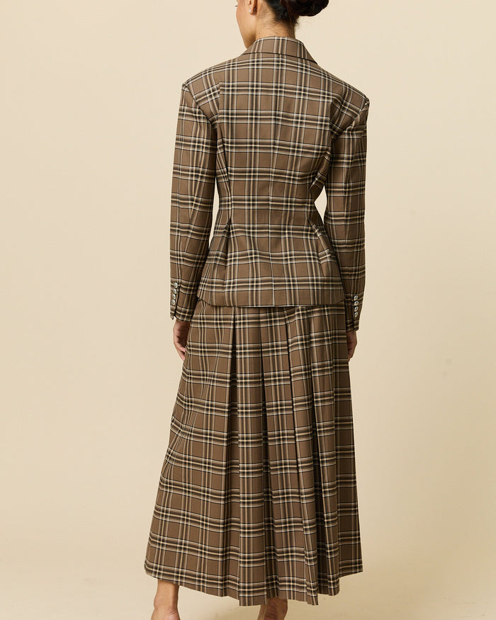 Women's Plaid Pleated Blazer Brown Plaid