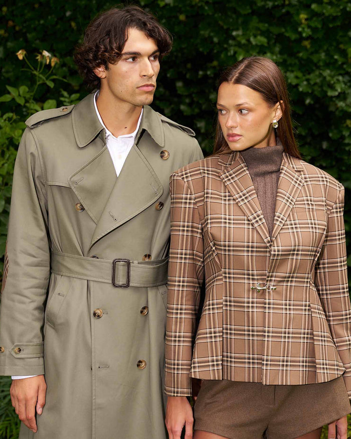 Women's Plaid Pleated Blazer Brown Plaid