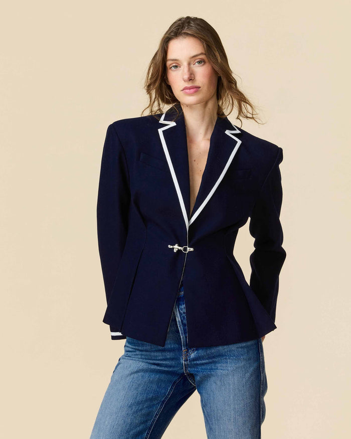 Women's Pleated Blazer with Tipping Navy