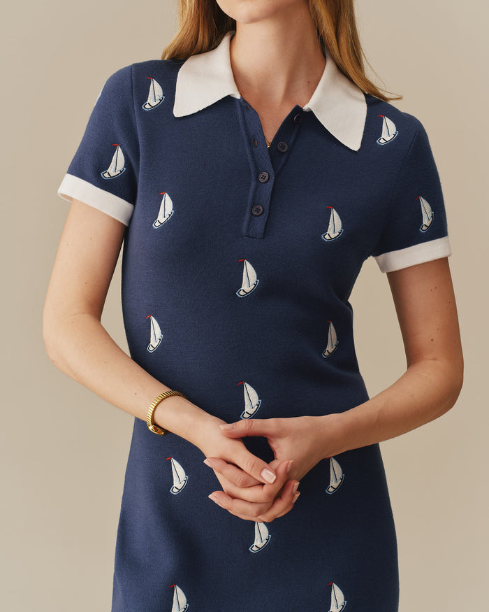 Women's Sailboat Embroidered Polo Dress Navy Navy / XS