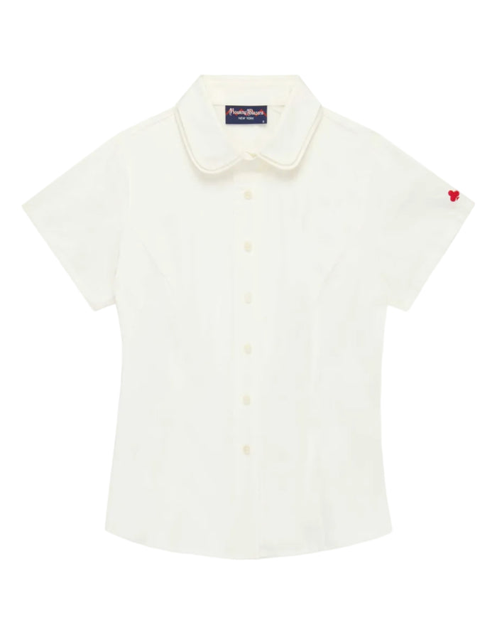 White shirt with a small red club on a white background