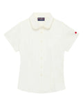 White shirt with a small red club on a white background
