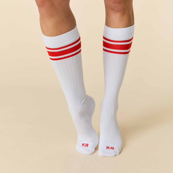 Women's Signature Red Striped Knee Socks White