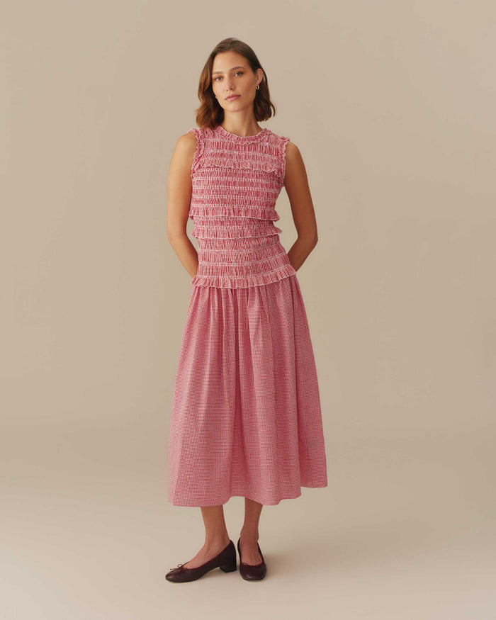 Women's Smocked Gingham Cotton Dress Red