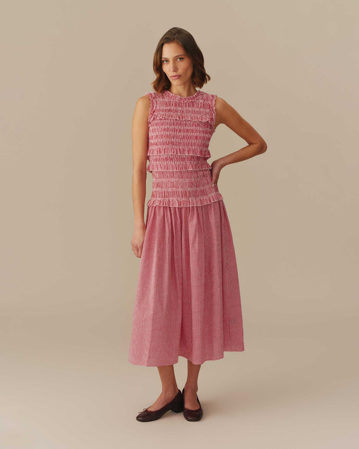 Women's Smocked Gingham Cotton Dress Red