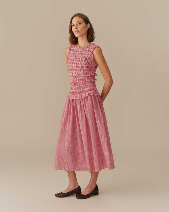 Women's Smocked Gingham Cotton Dress Red